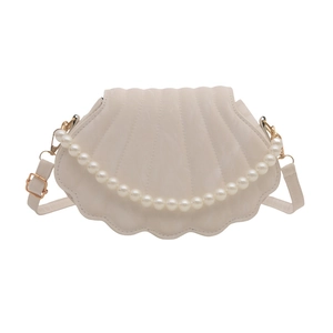 Chic off-white shell crossbody bag with pearl handle and textured faux leather finish