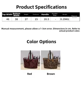 Detailed size specifications for large leopard print tote bags in red and brown colors