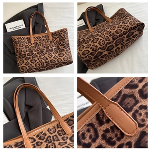 Detailed views of leopard print tote bag with brown leather handles and premium stitching