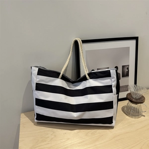 Große Kapazität Canvas Gestreifte Tragetasche Mit Seilgriff Japanische Lässige Retro Schulterhandtasche Für Strandreisen Damen