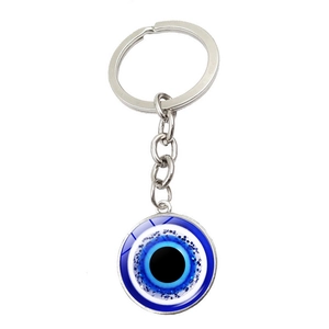 Blue evil eye keychain with sparkling glitter detail and silver metal ring and chain