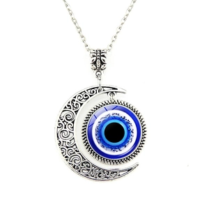 Vintage Silver Color Crescent Moon Evil Eye Pendant Necklace For Men Women Bohemian Alloy Glass Turkish Amulet Jewelry