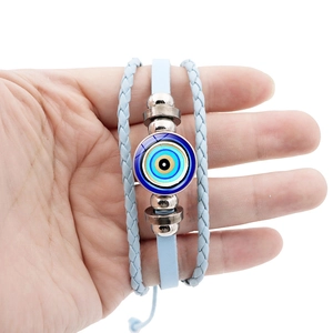 Pulsera de cuero trenzado azul ojo turco con cuentas plateadas y amuleto de la suerte Nazar