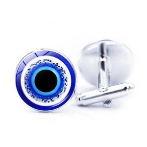 Turkish Evil Eye cufflinks with blue enamel design and polished silver-tone metal finish