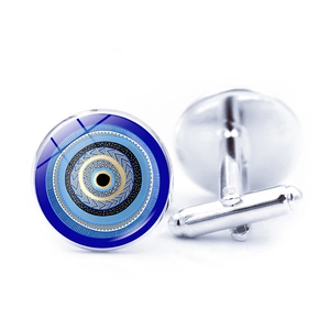 Silver evil eye cufflinks for men shirts featuring blue concentric circles and round design