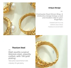 Macro detail of twisted gold-plated titanium ring with freshwater pearl and zircon stones