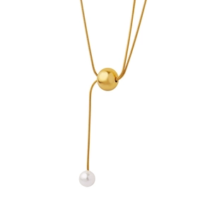 Collier en Y en maille serpent dorée avec perle coulissante et pendentif perle blanche