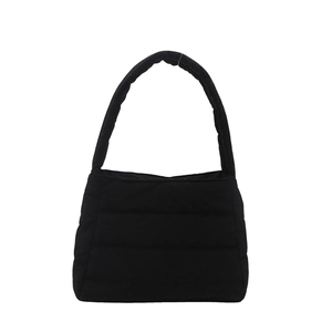 Chic black quilted padded shoulder bag with horizontal stitching and wide strap