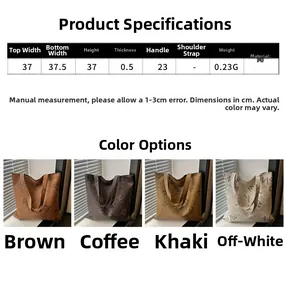 Detailed size chart and specifications for the large capacity letter print PU tote bag