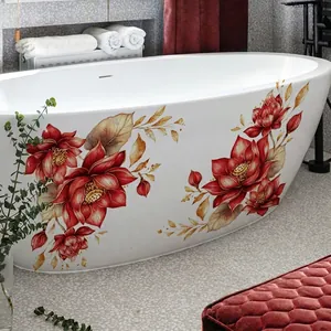 Luxurious white bathtub featuring red lotus floral prints in a modern bathroom setting