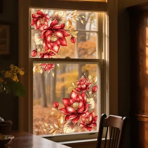 Creative red floral window stickers with gold leaf accents for home glass decoration