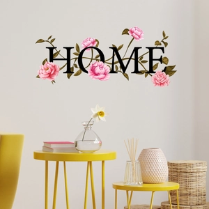 Artistic HOME lettering wall sticker with pink flowers and green leaves for home decor