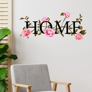 Floral HOME wall decals with pink peonies and green leaves for modern living room decor