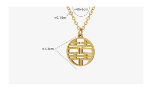 Detail view of gold Double Happiness pendant with size measurements 40cm plus 6cm chain