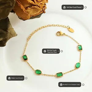 18K gold plated titanium steel bracelet featuring emerald green zircon stones for women