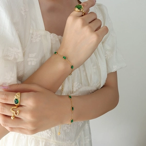 Elegant 18K gold plated titanium bracelet with emerald zircon and matching jewelry set