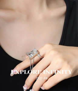 Detail of silver chain tassel ring with rectangular zircon in a modern industrial style