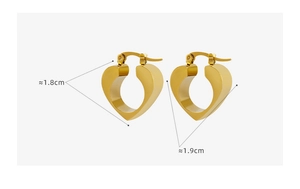 Detail view of heart-shaped gold hoop earrings showing 1.8cm height and 1.9cm width