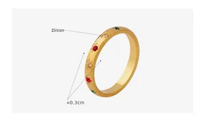 Detailed view of a 0.3cm titanium steel ring featuring colorful inlaid zircon stones