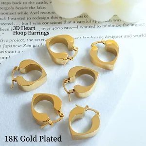 Three pairs of 18K gold plated puffy heart hoop earrings in retro minimalist style