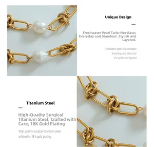 Macro detail of 18K gold plated surgical steel chain and freshwater pearl knot design