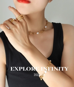Detail of gold-plated chain necklace and freshwater pearl bracelet set on model