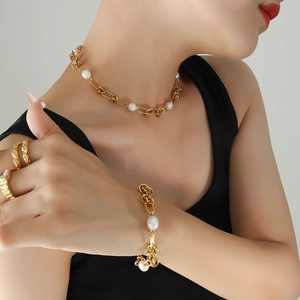 Vintage 18K Gold Plated Stainless Steel Freshwater Pearl Knot Chain Necklace And Bracelet For Women
