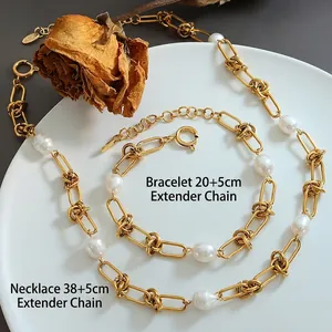 Golden freshwater pearl jewelry set with knot chain necklace and matching bracelet