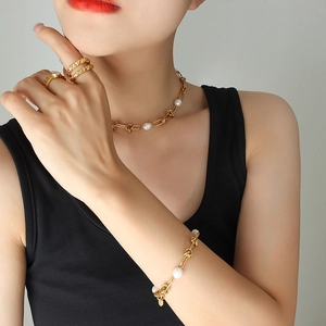 French vintage gold-plated titanium necklace and bracelet set with freshwater pearls