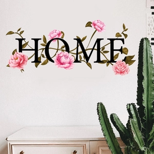 Floral wall sticker with 'HOME' text and pink flowers for living room wall decor