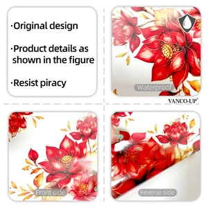 Waterproof red lotus flower window sticker with double-sided design and golden leaf details