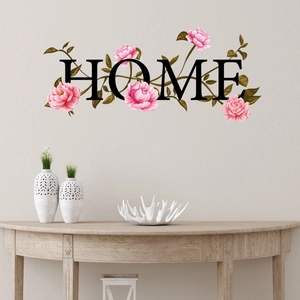 Floral HOME wall sticker featuring pink peonies and green leaves for living room decor