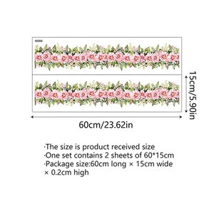 Floral wall sticker set with pink petals and green leaves, 15x60cm size chart display
