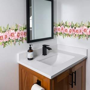 Self-adhesive floral wall stickers with pink blossoms for bathroom mirror decoration