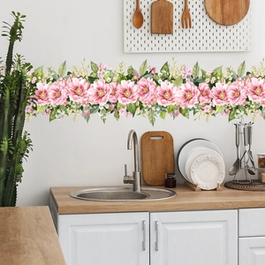 Peony floral wall border sticker with green leaves for home living room decor