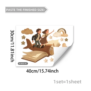 Cartoon boys and girls on book plane wall stickers with stars and clouds decoration
