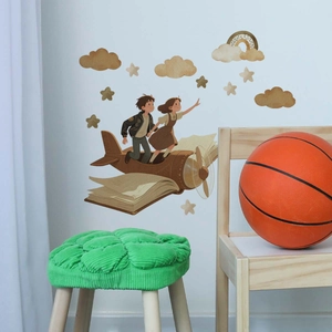 Cartoon airplane and clouds wall stickers for kids room with warm hand-drawn illustrations
