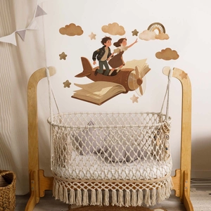 Cartoon boy and girl on airplane wall stickers with clouds and stars for kids room