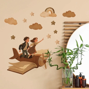 Cartoon boy and girl on book airplane wall sticker with stars and rainbow