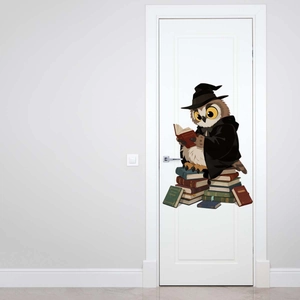 Detail of owl wizard wall sticker on door showing book theme and creative design