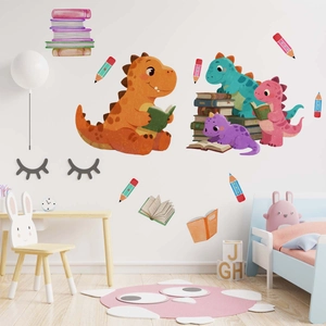 Watercolor cartoon dinosaurs reading books wall stickers for kids nursery bedroom decor
