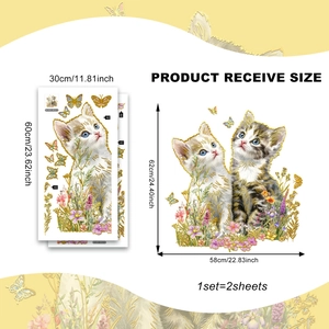 Cat and flower glass window stickers set with 2 sheets showing receive and finish sizes