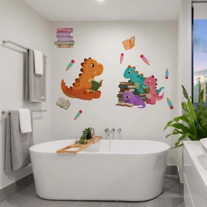 Detail of cartoon dinosaur wall decals featuring colorful characters reading books for kids room