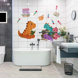 Detail of colorful dinosaur wall stickers on white tiles in a modern bathroom setup