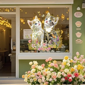 Charming kitten and floral glass window stickers with gold foil outline for home decor