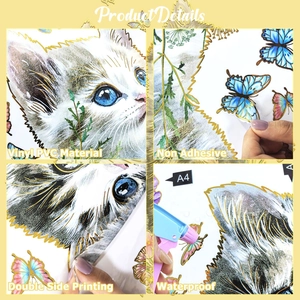 Detail view of A4 cat and butterfly static window cling showing waterproof PVC material