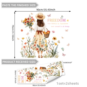 Floral girl back view wall decal with Freedom quote and watercolor flowers for bedroom decor