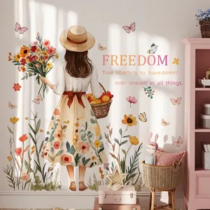 Girl Back Floral Wall Stickers PVC Removable Self Adhesive Butterfly Freedom Quote Decals For Bedroom Living Room Decor