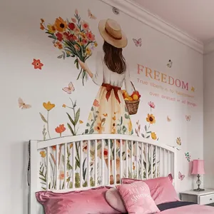 Floral girl back view wall sticker with butterfly and freedom quote for bedroom decor