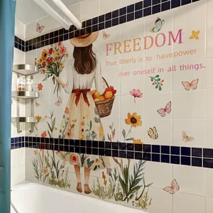 Watercolour bathroom wall sticker featuring a girl with flowers and freedom text